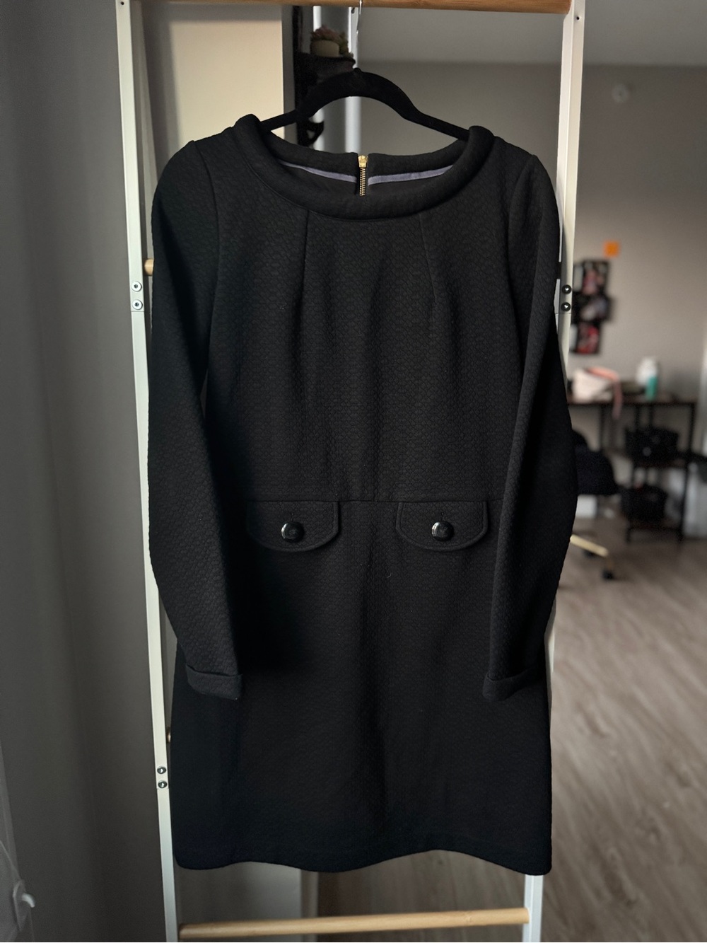 Boden Black Retro 60’s Style Long Sleeve Midi Dress Size UK 8P US 4P, Buttons